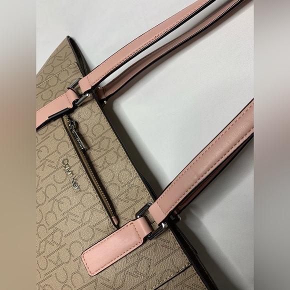 NWT Calvin Klein Monogram Tan Purse Shoulder Bag Pink Straps Gold Hardware